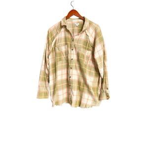 DIP Organic Cotton Men's Plaid Textured Knit Fray Hem Green Pink Button Shirt M